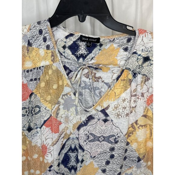 Dear John Womens Patchwork Print Top L Rayon Cotton Blend Multicolor Short Sleev - Picture 3 of 5